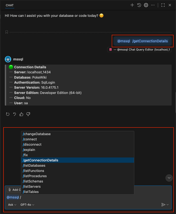 Снимок экрана использования примера слэш-команды в чате GitHub Copilot.