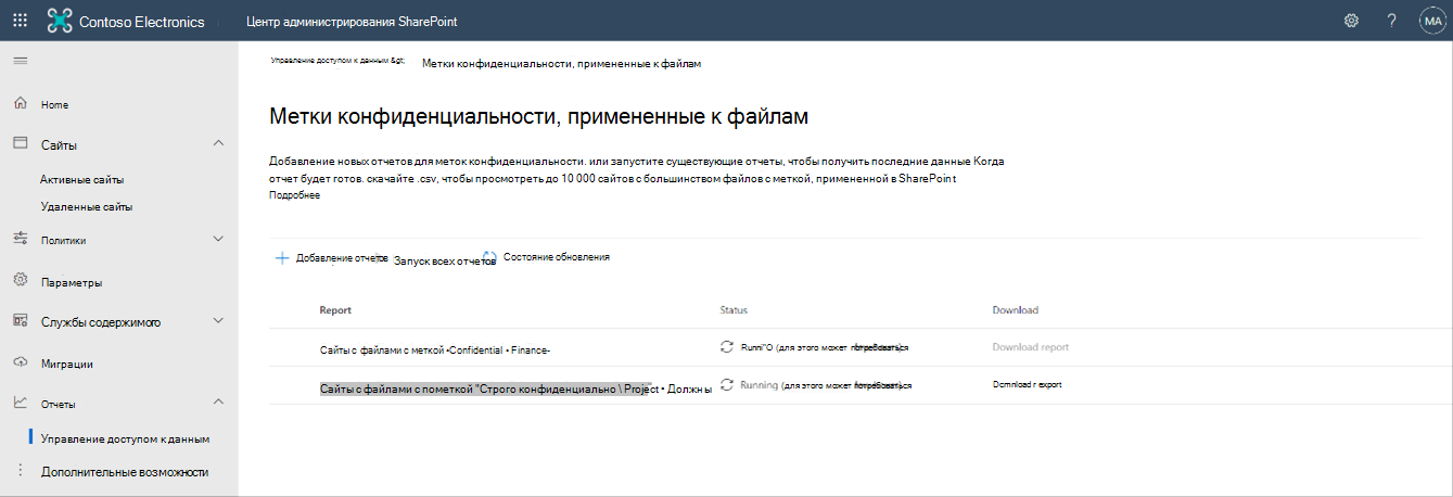 Снимок экрана: отчеты для сайтов с файлами с метками 