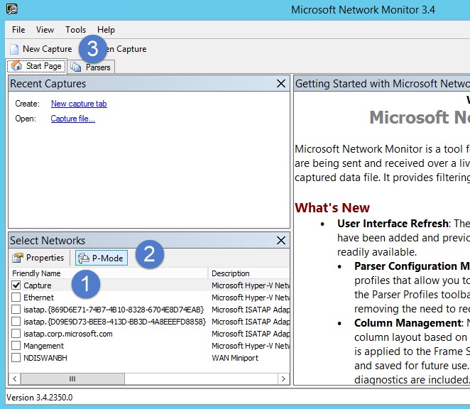 Screenshot of the Microsoft Network Monitor dialog showing the New Capture button.