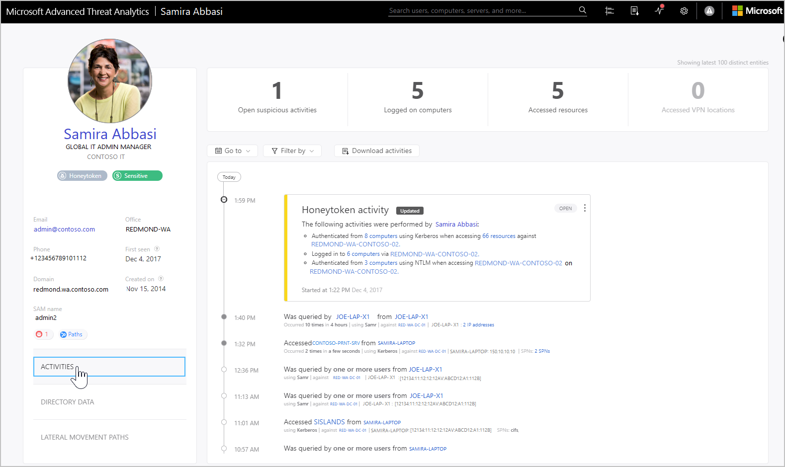 Microsoft Advanced threat Analytics. Пользователь на английском. Microsoft Advanced threat Analytics interface.