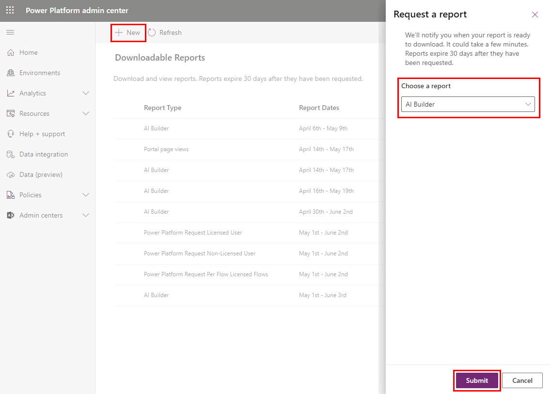 Screenshot of Request a report.