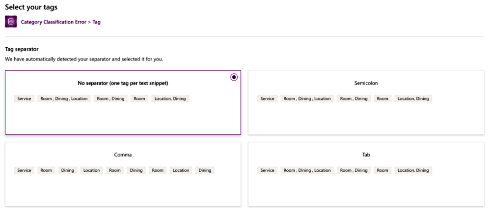 Снимок экрана «Выберите теги» с рекомендацией не использовать разделитель тегов.