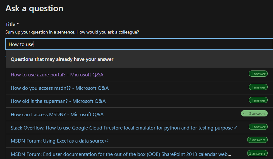 Ask a question page where Q&A shows matches when typing the title.