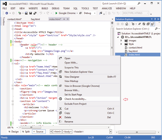 Вы можете проверять специальные возможности веб-страницы в Visual Studio 2012