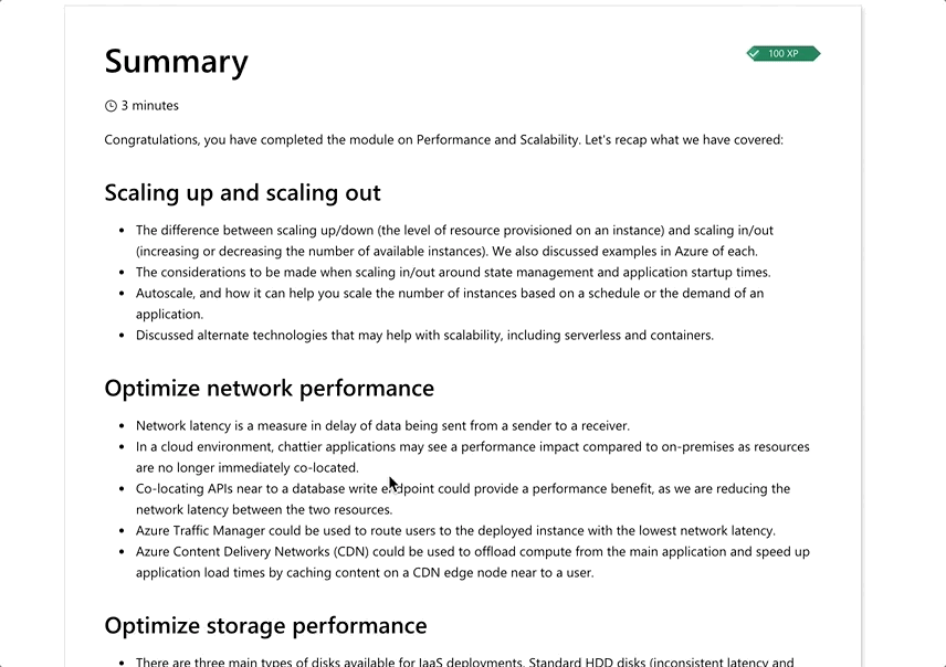 анимированный GIF-файл страницы курса Azure, в которой отображается прокрутка пользователя вниз и нажатие кнопки 