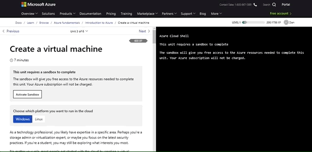 анимированный GIF-файл страницы браузера Microsoft Learn, в которой отображается пользователь, занимающий песочницу Learn на странице статьи.