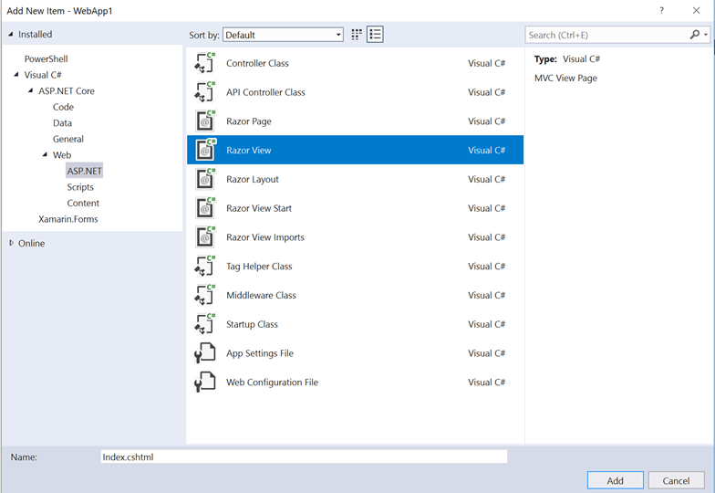 Диалоговое окно добавления нового элемента с выбранной страницей представления MVC (до выпуска ASP.NET Core 2.1)