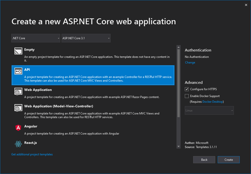 Диалоговое окно создания веб-приложения ASP.NET с выбранным шаблоном проекта веб-API
