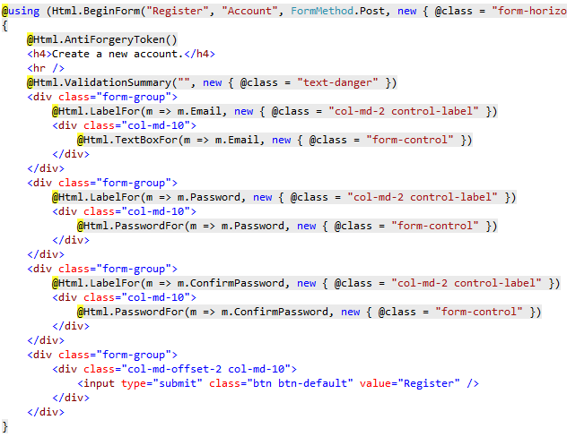 Razor markup for the form portion of the Register Razor view for ASP.NET 4.5 MVC project template