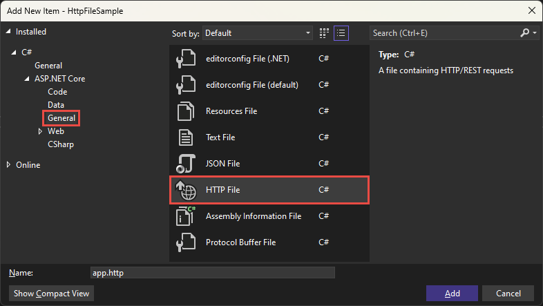 Диалоговое окно добавления нового элемента с выбранным типом HTTP-файла.