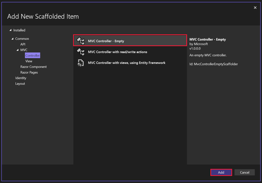 Добавление контроллера MVC