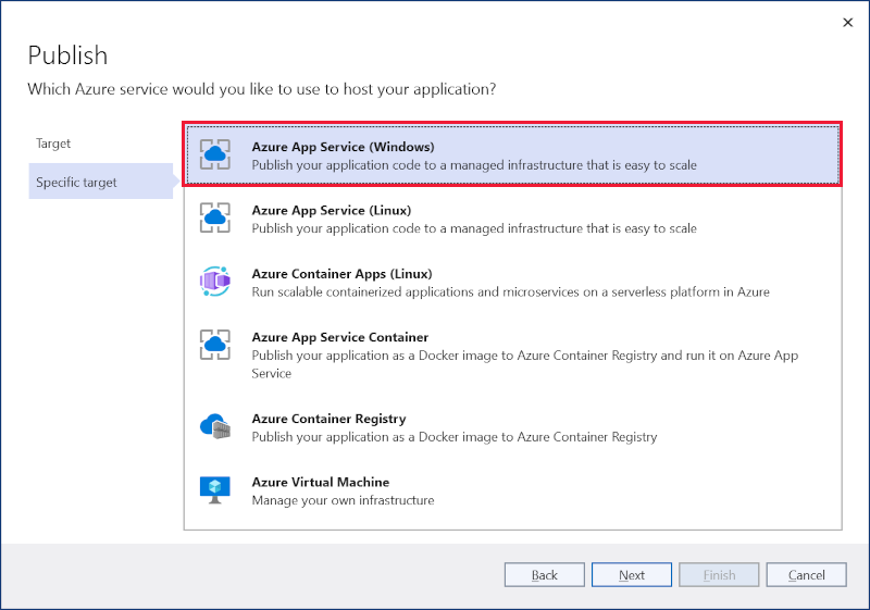 Publish Dialog: select Azure Service