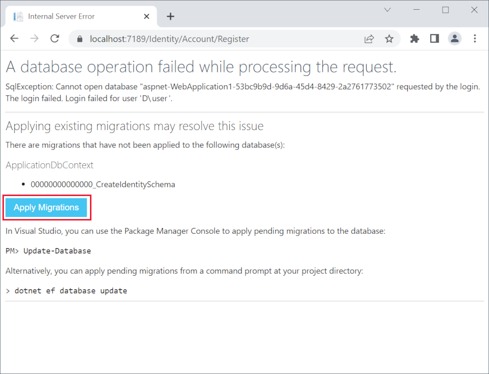 A database operation failed while processing the request