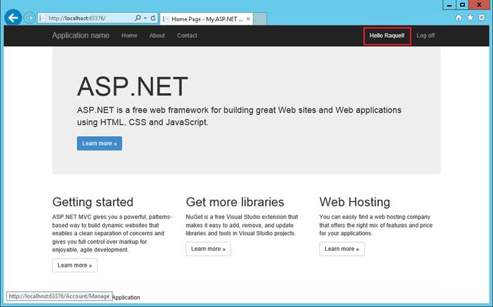 Снимок экрана: веб-сайт A S P dot NET после завершения регистрации пользователя. В меню в правом верхнем углу выделена вкладка Приветствие, а затем имя пользователя.