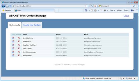 Снимок экрана: asp dot NET MVC Contact Manager Design.