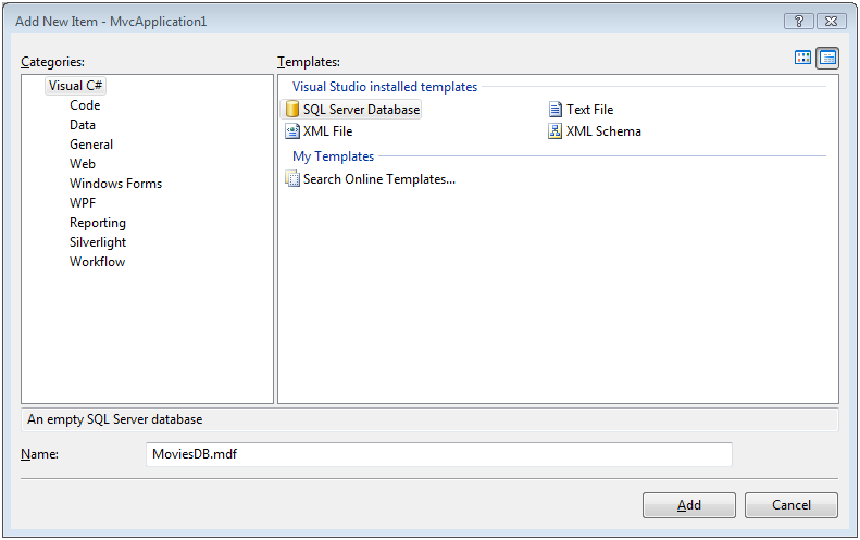 Добавление новой базы данных SQL Server