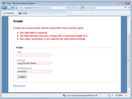 Изображение сообщения об ошибке недопустимых значений фильма