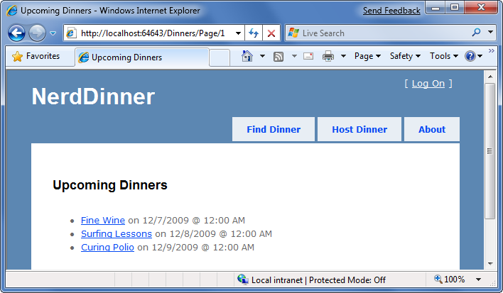 Снимок экрана: следующая страница списка предстоящих ужинов.