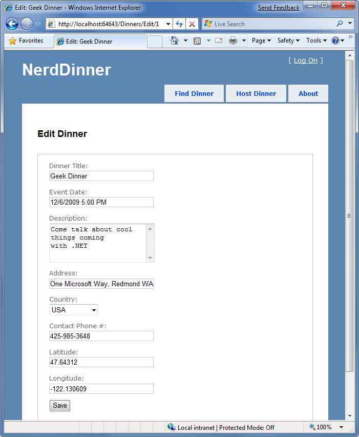 Снимок экрана: страница формы редактирования Nerd Dinner.