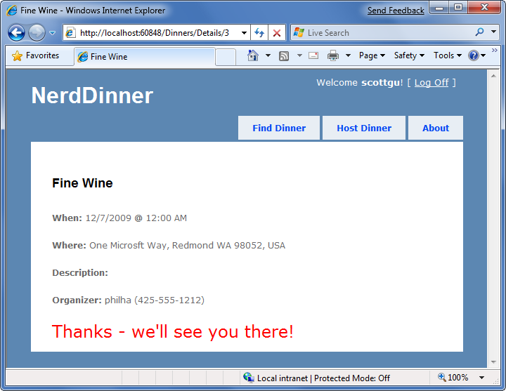 Снимок экрана: страница Nerd Dinners с сообщением спасибо, мы увидим вас там крупным шрифтом внизу.