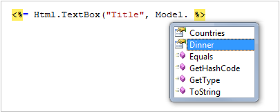 Снимок экрана: окно редактора кода с раскрывающимся списком и элементом списка Dinner, выделенным синим прямоугольником.