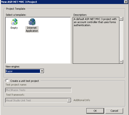 Диалоговое окно создания проекта ASP.NET MVC 3