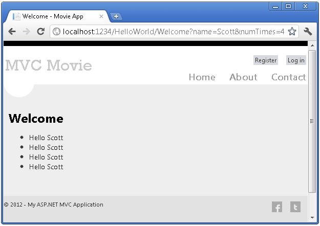 Снимок экрана: страница приветствия фильма M V C.