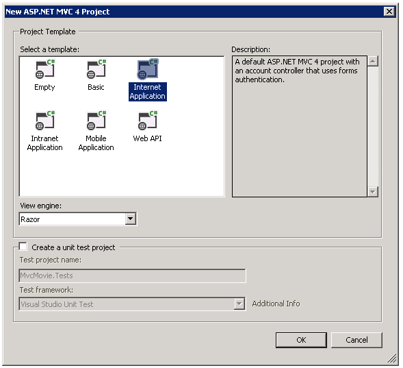 Снимок экрана: окно проекта New A S P DOT NET M V C 4 Выбран шаблон интернет-приложения.