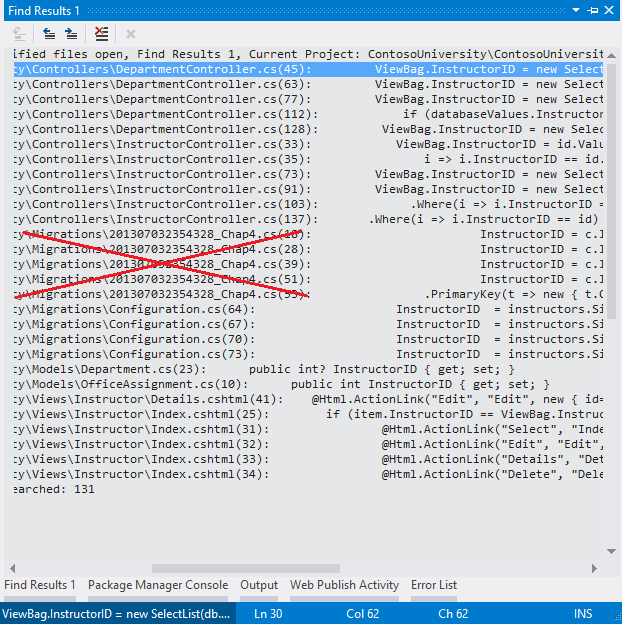 Снимок экрана: окно поиска результатов. Файлы миграции меток времени вычеркнуты красным цветом.