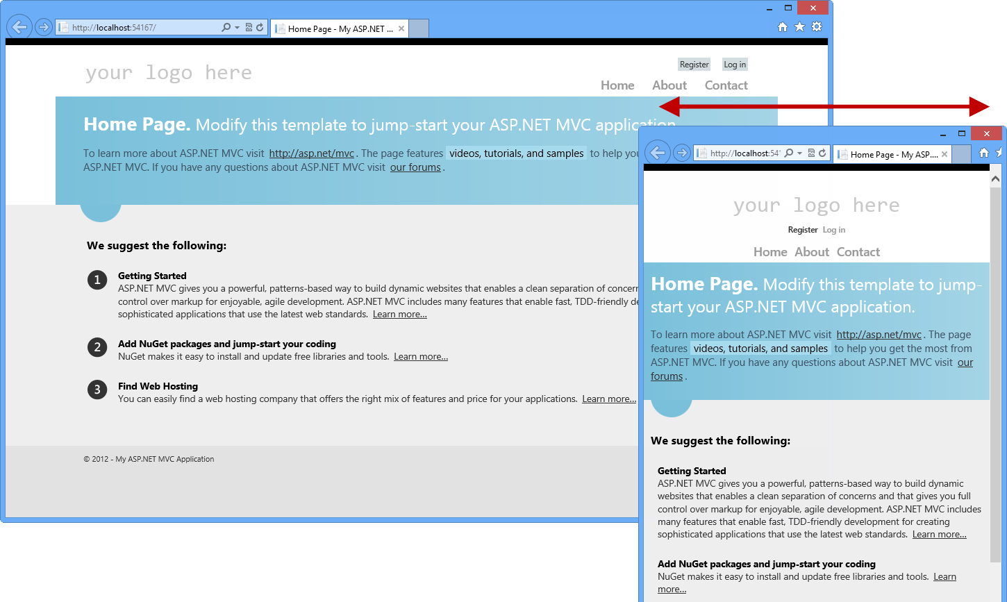 ASP.NET шаблон проекта MVC 4 в разных размерах браузера