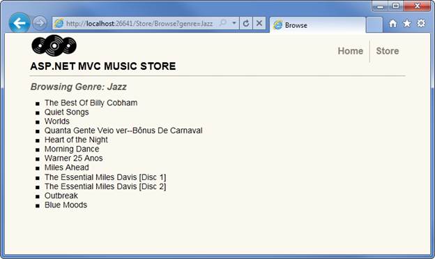 Снимок экрана: результаты, полученные из базы данных, отображают все альбомы в выбранном жанре.