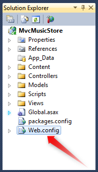 Снимок экрана: файл веб-конфигурации в обозревателе решений для создания строки подключения в нем.