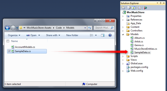 Снимок экрана: папка Code or Models для поиска файла Sample Data C S и добавления данных каталога хранилища.