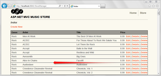 Снимок экрана: экран списка альбомов, показывающий, что удаленный альбом больше не находится в списке альбомов, выделенный красной стрелкой.