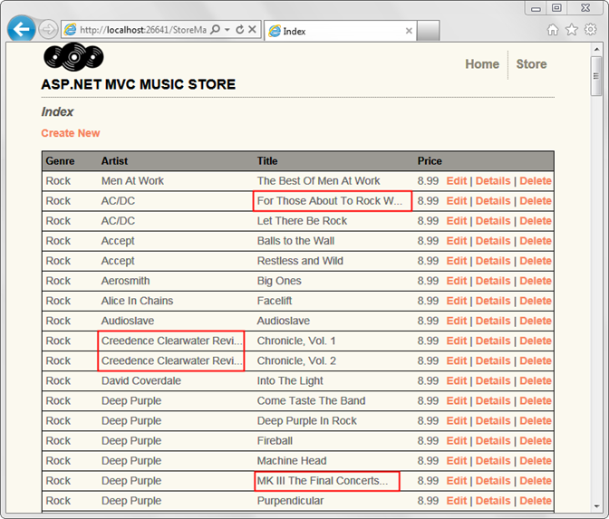 Снимок экрана: список альбомов с двумя длинными именами исполнителей и двумя длинными именами альбомов, выделенными красными прямоугольниками.