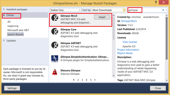 установка Glimpse из NuGet Dlg