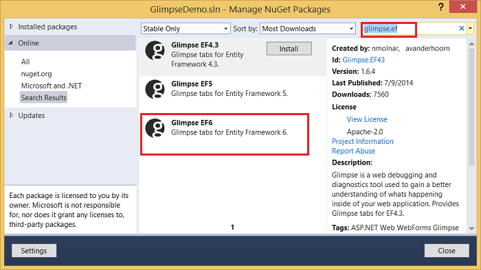 Glimpse.EF из NuGet установить dlg