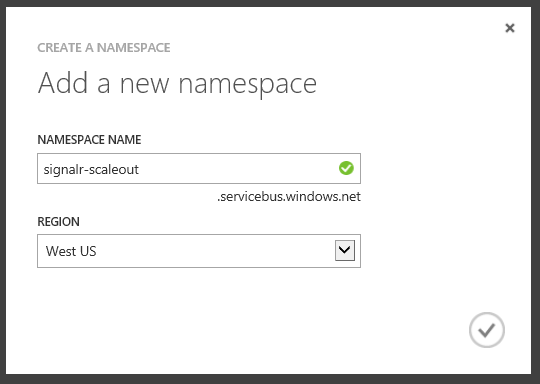 Снимок экрана: экран добавления нового пространства имен с записями, введенными в полях Namespace Name (Имя пространства имен) и Region (Регион).