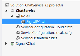 Снимок экрана: дерево Обозреватель решений с параметром Signal R Chat, содержащимся в папке Roles проекта службы чата.
