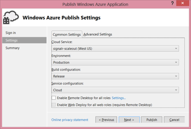 Снимок экрана: страница параметров публикации Windows Azure.