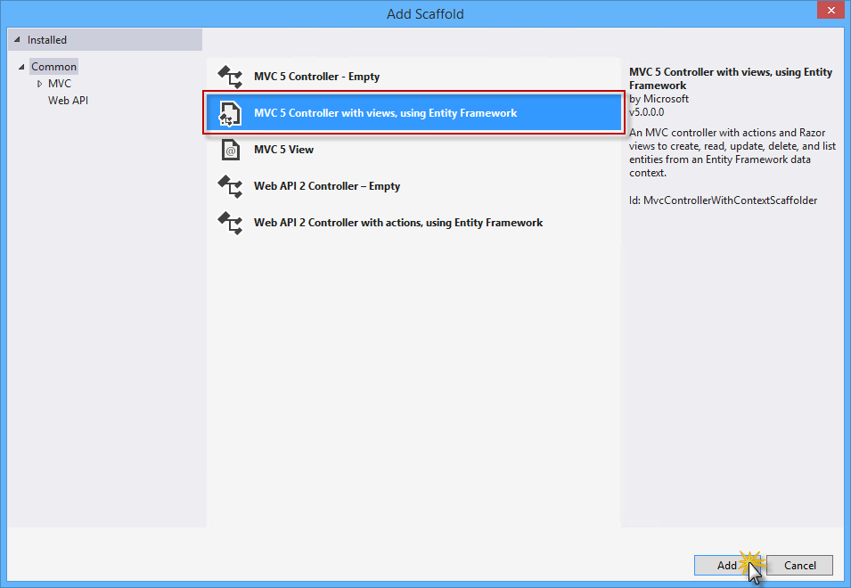 Выбор контроллера MVC 5 с представлениями и Entity Framework