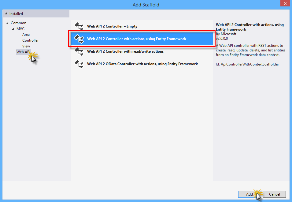Выбор контроллера веб-API 2 с действиями и Entity Framework