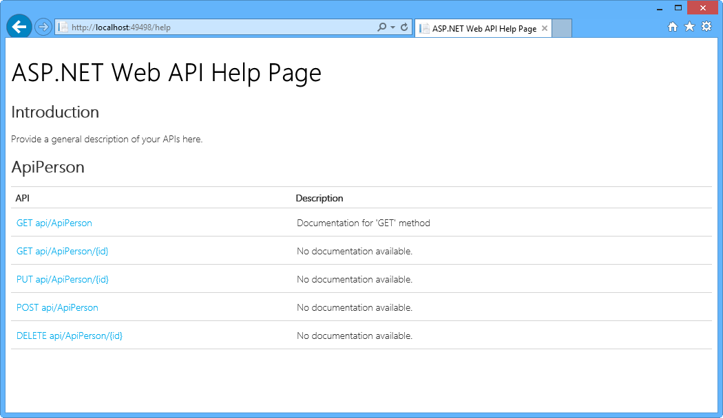 Страница справки веб-API ASP.NET