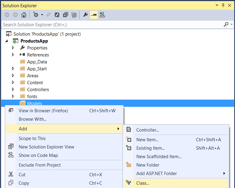Снимок экрана: папка Обозреватель решений с папкой Models выделена синим цветом, а пункты меню Добавить и класс выделены желтым цветом.