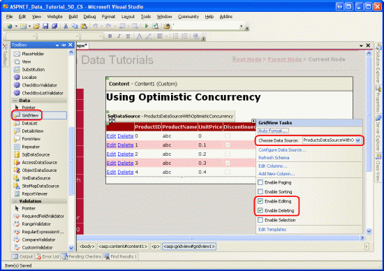 Привязка GridView к SqlDataSource и включение редактирования и удаления