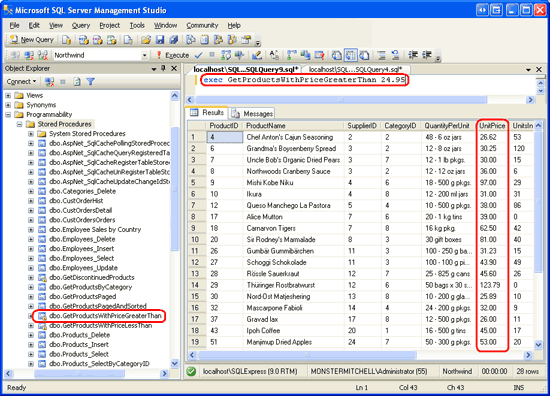 Снимок экрана: окно Microsoft SQL Server Management Studio с выполненной хранимой процедурой GetProductsWithPriceGreaterThan, в которой отображаются продукты с unitPrice больше 24,95 долл. США.