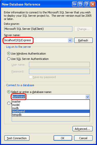 Связывание проекта SQL Server с базой данных Northwind