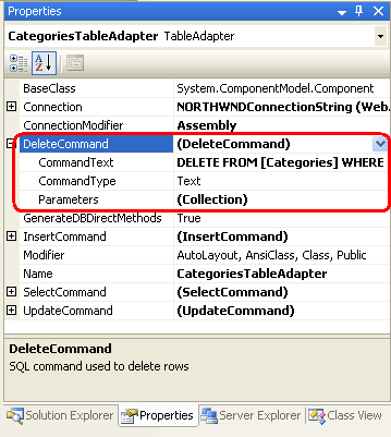 Выберите CategoriesTableAdapter в конструкторе, чтобы просмотреть его свойства в окне свойств