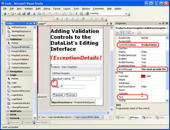 Задание свойств RequiredFieldValidator ControlToValidate, ErrorMessage и Text