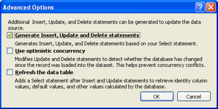 Выберите параметр Только создать инструкции Insert, Update и Delete.